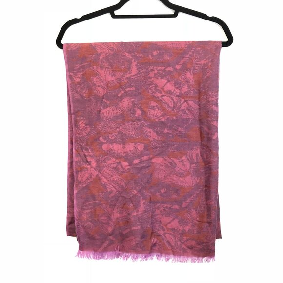 Shanghai Tang Pink Purple Floral Mulberry Silk Cashmere Wool Scarf Fringed Hem - Picture 1 of 6